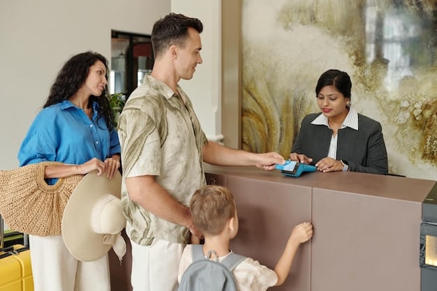 A family standing at a hotel check-in counter, the receptionist handing them multiple room keys. Smiling faces and luggage nearby indicate they are checking in as a group. The scene highlights the practical aspect of group bookings and hotel discounts.