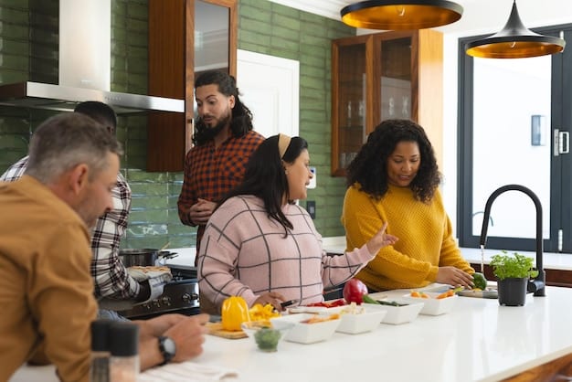 A group of friends cooking together in the kitchen of a vacation rental. They are laughing and preparing a meal, showcasing the communal aspect and cost-saving potential of renting a house.