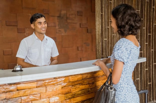 A traveler happily checking into an all-inclusive resort. The reception area is modern and welcoming, with friendly staff greeting the guest. The traveler is smiling and excited to start their vacation. This image reinforces the ease and convenience of All-Inclusive Resort Deals: Get the Best Value for Your Money.