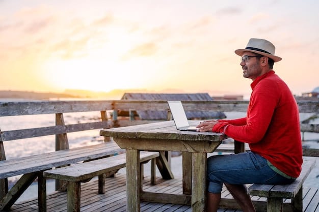 A person is sitting at a table with a laptop open, searching for 'Weekend Getaway Deals: Escape for Less' on a travel website. The background shows a cozy cafe interior with soft lighting, emphasizing the convenience of finding travel deals online.
