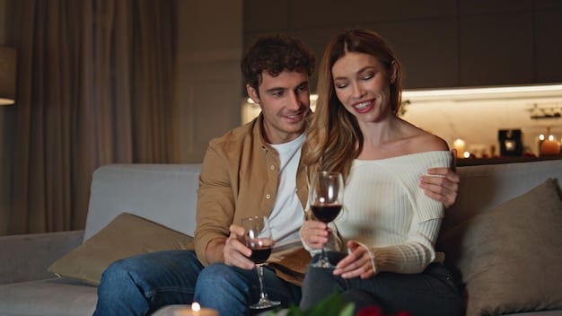 A couple is toasting wine glasses while relaxing in a cozy Airbnb cabin during a 'Weekend Getaway Deals: Escape for Less' trip. The scene shows a warm and inviting interior with a fireplace, conveying the comfort and affordability of alternative accommodations.