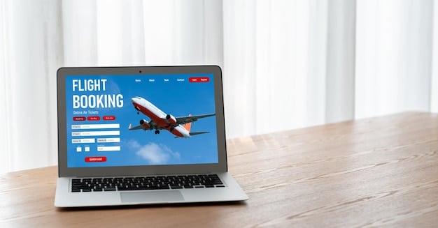 A split-screen laptop showing a flight comparison website on one side and a budget airline's official website on the other. Both websites display flight search results.
