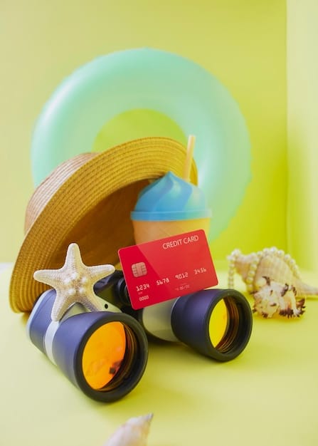 A close-up shot of a credit card with a small travel-related sticker (e.g., a globe or a suitcase) on it, suggesting travel benefits. The background is blurred, focusing attention on the card.