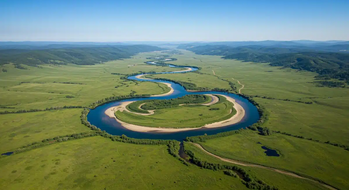 Aerial view of winding river in lush green valley with rolling hills, showcasing natural beauty.