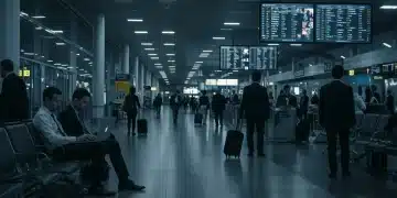 Business travelers navigating a modern airport, reflecting remote work's influence on corporate travel in 2025.