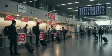 Busy airport terminal with travelers and new airline policy signs