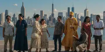 Diverse travelers exploring American culture with historic landmarks, understanding local customs.