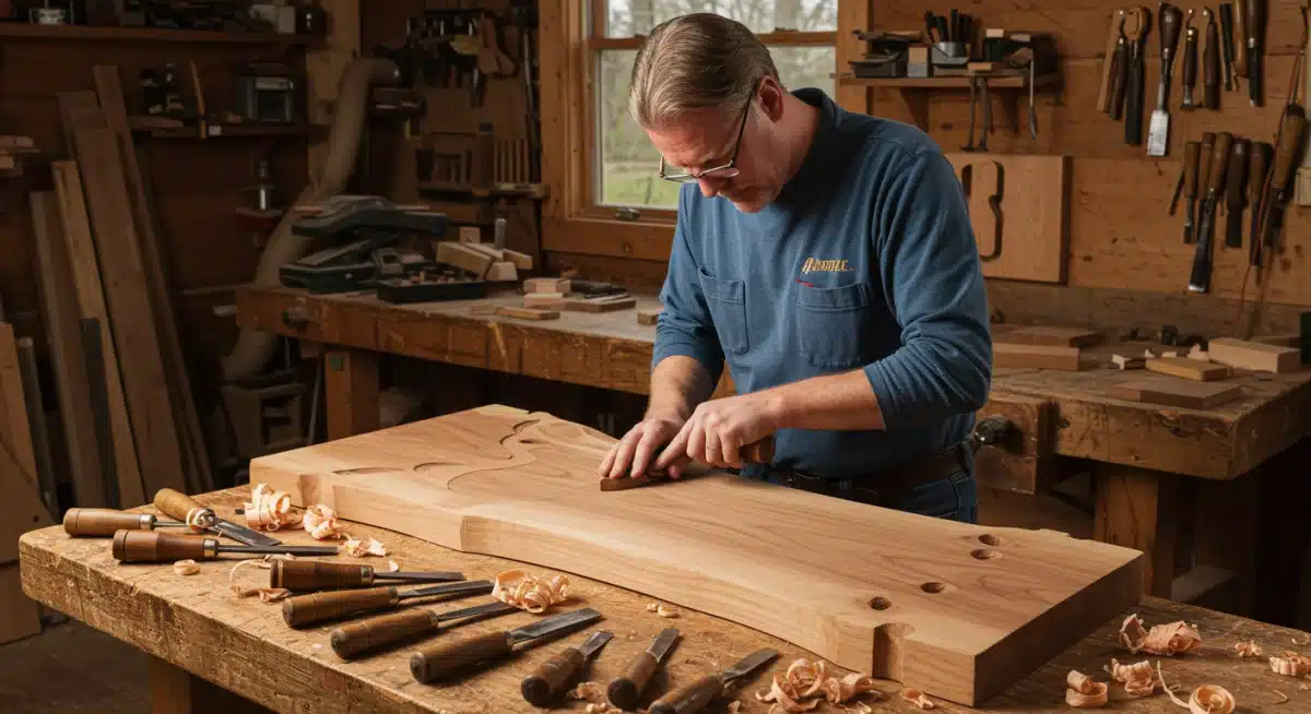 Appalachian artisan carving intricate details into hardwood furniture in a workshop.