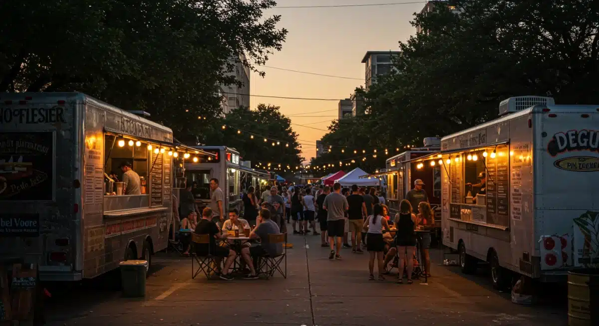 Vibrant Austin street food market at sunset