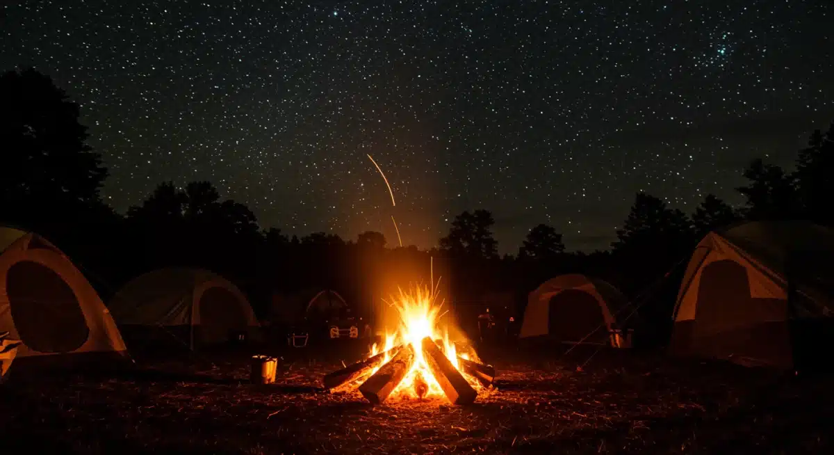 Campfire under starry sky, evoking peace and solitude during a road trip.
