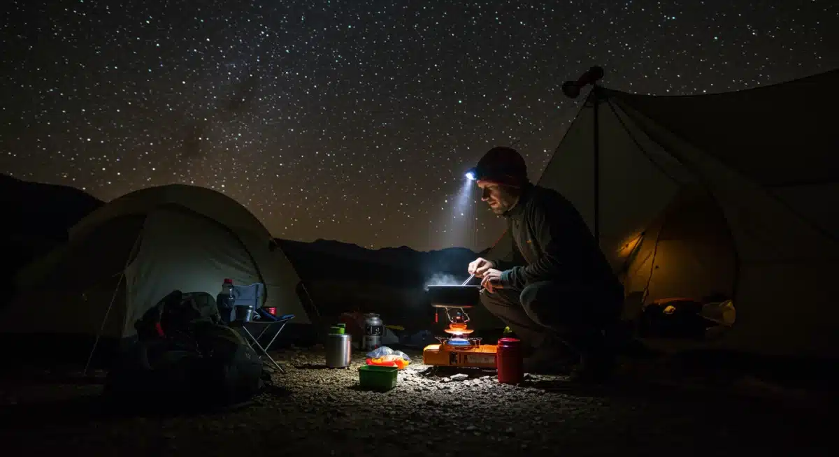 Backpacker cooking at a campsite under a starry night sky.