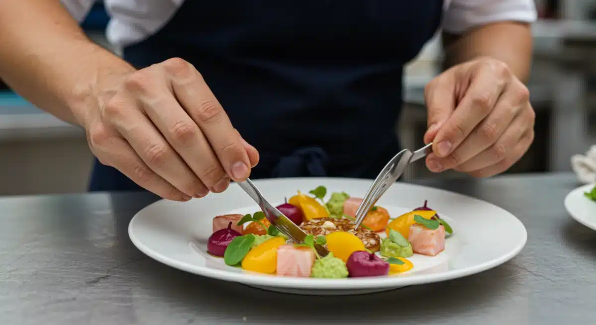 Chef plating a regional gourmet dish at a U.S. food festival, highlighting culinary artistry.