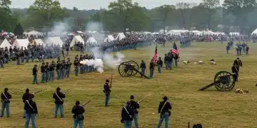 Civil War reenactment 2025 with soldiers in period uniforms firing muskets