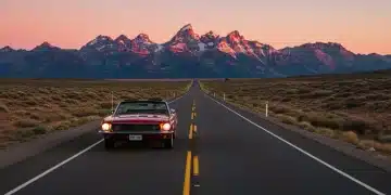 Classic car on open road at sunset, symbolizing freedom and adventure.