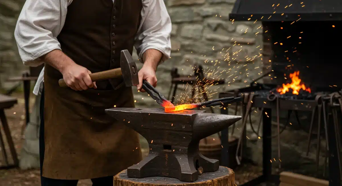 Colonial artisan blacksmith demonstrating traditional metalworking techniques