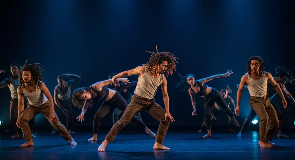 Contemporary dance ensemble performing on stage with dramatic lighting