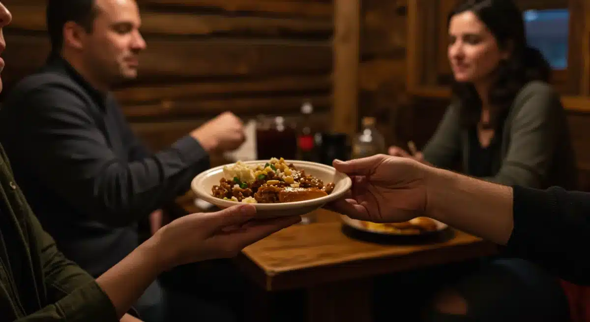 Local offering homemade dish to traveler, showcasing culinary hospitality