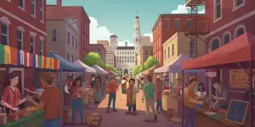 Diverse group engaging in cultural exchange at a vibrant US marketplace, showcasing immersive travel experiences.