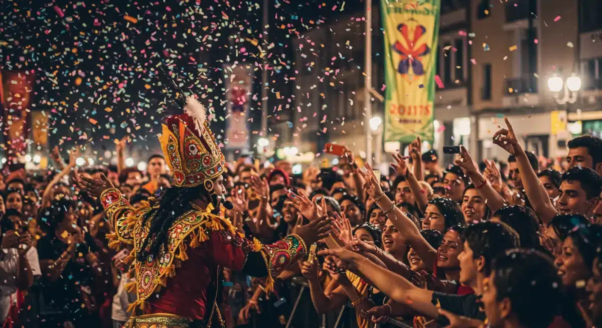 Street performer captivating a crowd at a lively cultural festival, surrounded by colorful decorations.
