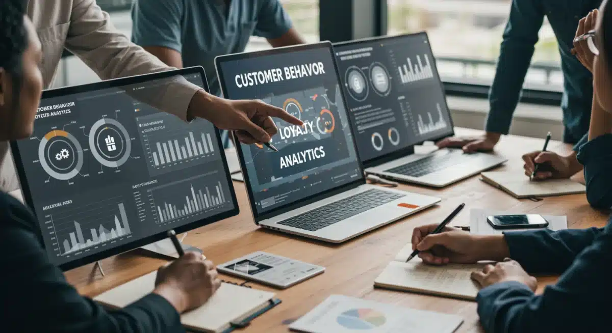 Team analyzing customer loyalty data and analytics for strategic planning