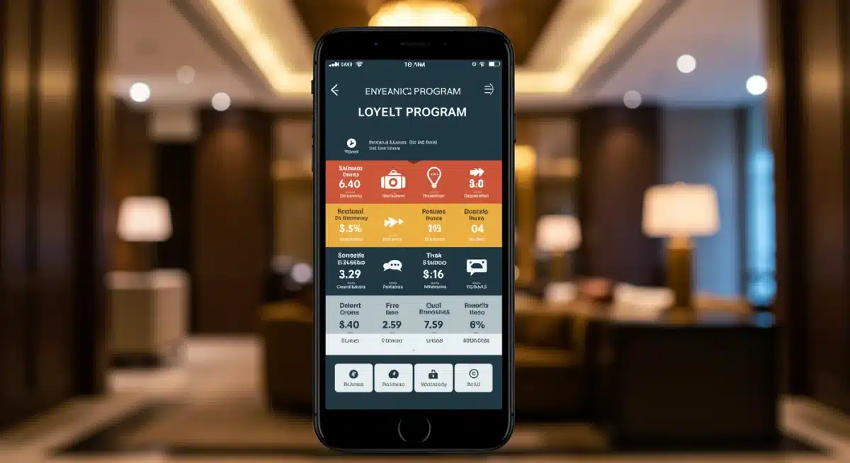 Smartphone displaying loyalty program status tiers and benefits in a hotel setting.