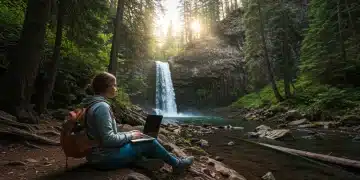 Digital nomad exploring a hidden waterfall during a 4-week US adventure in 2025.