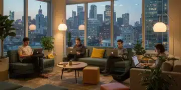 Digital nomads working in a modern co-living space overlooking a city skyline
