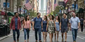 Diverse group of travelers exploring a vibrant U.S. city street