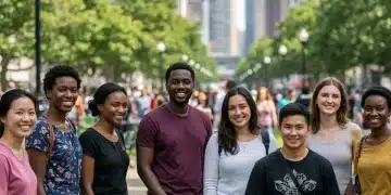 Diverse group respectfully interacting in a U.S. city park, symbolizing cultural understanding.