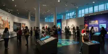 Diverse visitors engaging with art in a modern U.S. museum, reflecting cultural diversity and immersive experiences.
