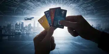 Traveler holding elite loyalty cards against a backdrop of a modern airport and city, symbolizing status match opportunities in January 2025.