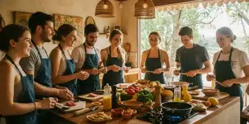 Diverse group cooking in cultural class, experiential travel