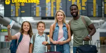 Smiling family at airport with luggage, celebrating successful loyalty program redemption for travel.