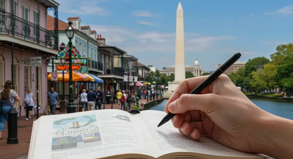 Hand writing in travel journal with cultural background