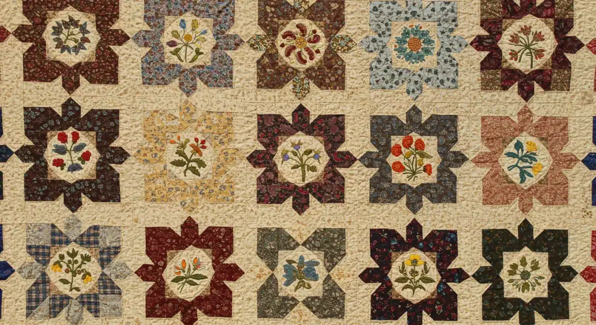 Detailed handmade quilt, a vibrant example of traditional American folk art from a cultural trail