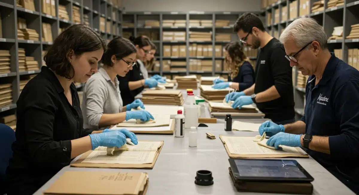 Volunteers meticulously preserving historical documents in an archive, using traditional and modern methods.