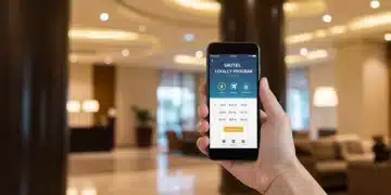 Smartphone showing hotel loyalty app in a modern hotel lobby, symbolizing smart point management.