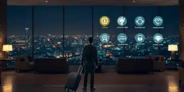 Traveler observing hotel loyalty tier status on a digital screen in a modern lobby.