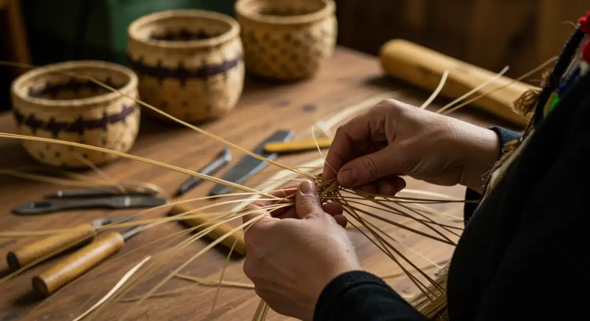 Indigenous artisan demonstrating traditional basket weaving techniques