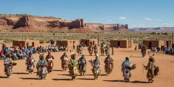 Indigenous cultural festival with traditional dancing and attire in the US
