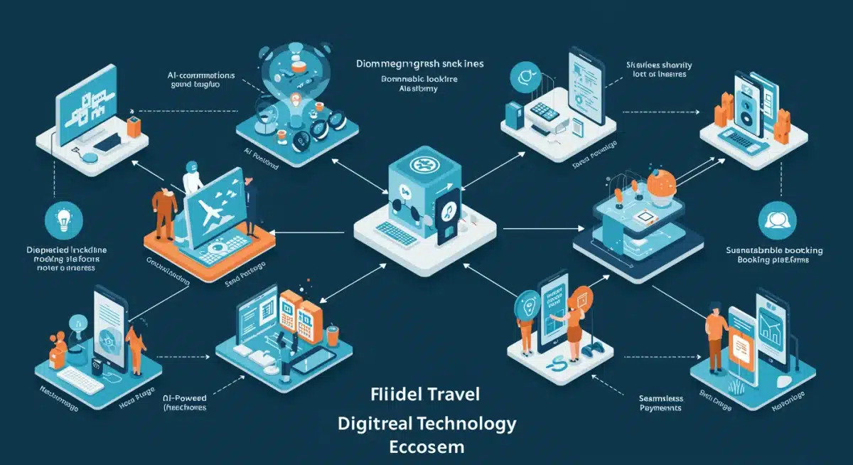 Infographic showing integrated travel technology ecosystem with AI, biometrics, and sustainability