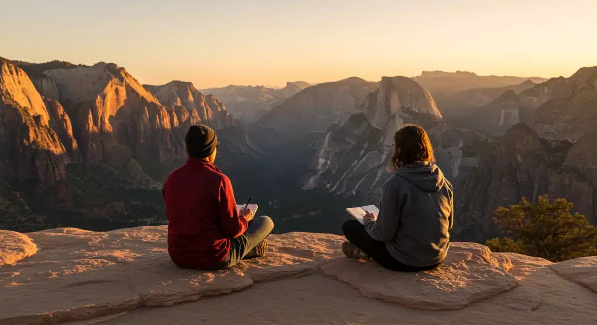 Person journaling at a scenic US national park overlook