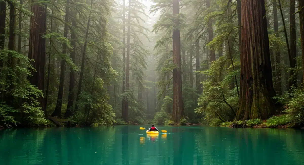 Kayaker on a tranquil lake surrounded by giant redwood trees in a US forest.