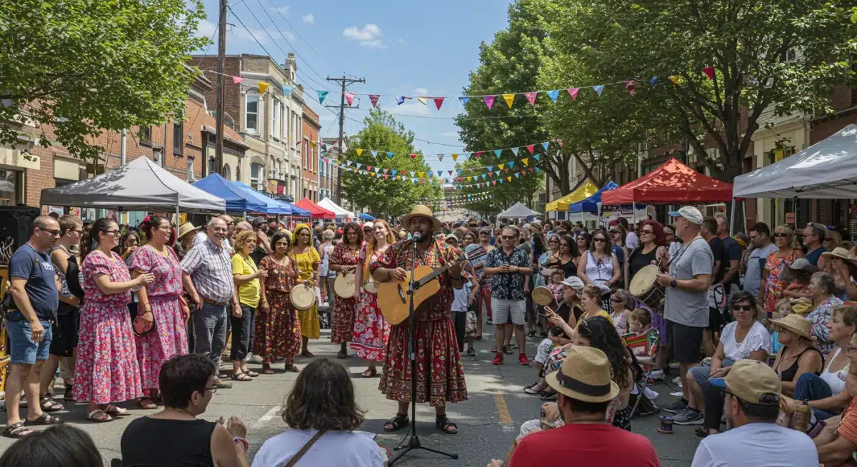 Street performers and joyful attendees at a bustling cultural festival