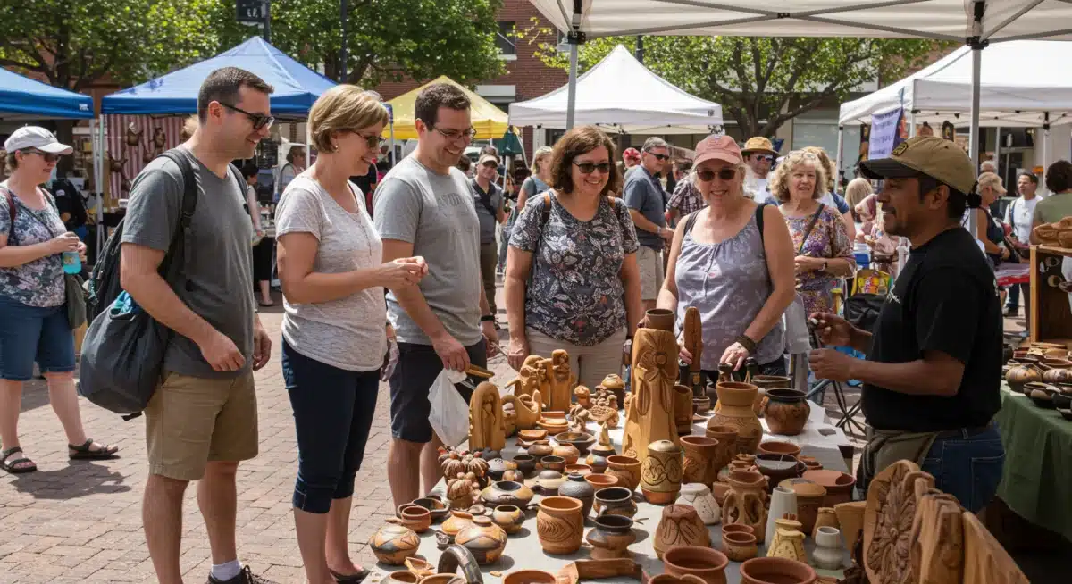 Local artisan selling handmade crafts at a US community market, supporting local economy.