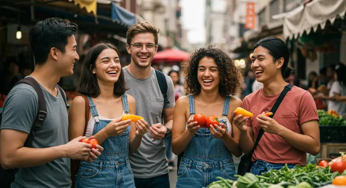 Young adults enjoying authentic local market experience, reflecting domestic travel trends.
