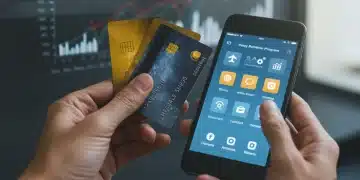 Hand holding credit cards and phone displaying loyalty app with financial data