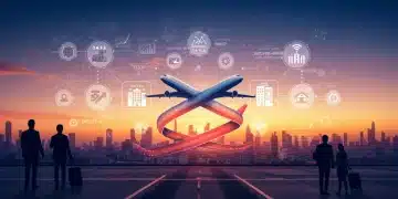 Futuristic digital rendering of airline and hotel loyalty programs merging, showcasing data and customer connections.