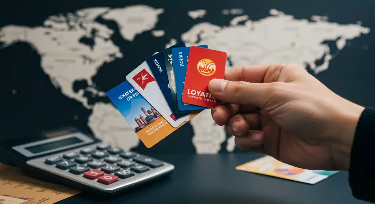 Person holding multiple loyalty program cards calculating travel costs