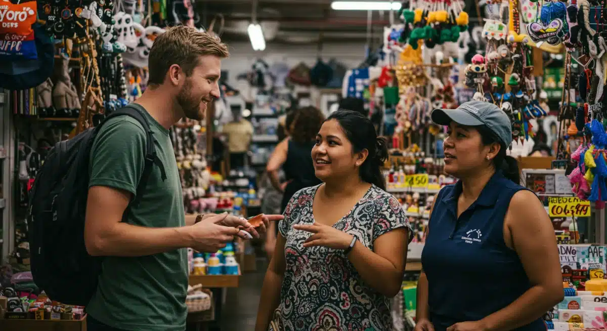Traveler in conversation with small business owner at bustling market